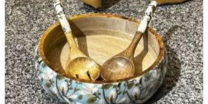 Wooden Salad Bowl with Spoon and Fork