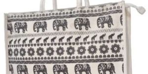 White Base Elephant Printed Jute Canvas Bag