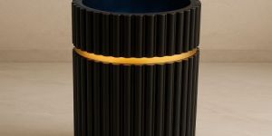 Modern Black Stone Pedestal with Gold Accent