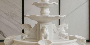 Ornate White Marble Fountain with Lion Sculptures