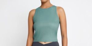 Riyu Women's Polyester Casual Green Sleeveless Crop Top
