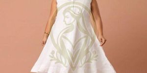 Ladies White Linen Flared One Piece Dress