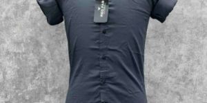 Plain Blue Cotton Blend Slim Fit Shirt