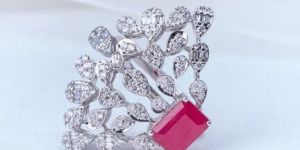 Ruby Diamond Leaf Spray Ring Nature-Inspired Cocktail Ring