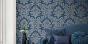 Matte Blue Damask Pattern Wallpaper