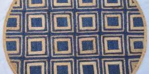 Round Jute Rug with Blue Geometric Pattern