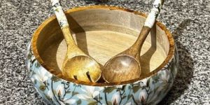 Wooden Salad Bowl with Spoon and Fork