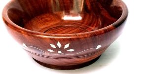 Round Floral Scroll Heart Inlay Polished Wooden Bowl