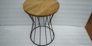 Round Wooden & Metal Wire Frame Side Table