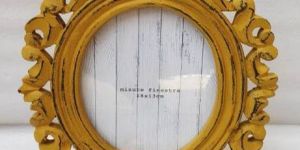 Round Wooden Carved Distressed Yellow Photo Frame