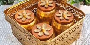 Golden Basket Set with Floral Lid Storage Jars