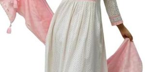 Women's Cotton Embroidered Nayra Cut Kurti with Pant and Dupatta Set