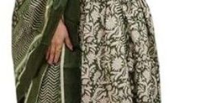 Women's Cotton Floral Printed Anarkali Kurti with Pant and Mulmul Dupatta Set