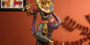 Traditional Brass Stone Carved Krishna Statue