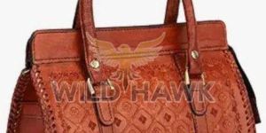 Hand Tooled Cognac Leather Bowling Bag Style Handbag