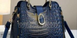 Navy Blue Croc Embossed Handbag with Shoulder Strap