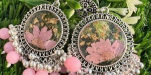 Round Pink Beaded Resin Jhumka Earrings