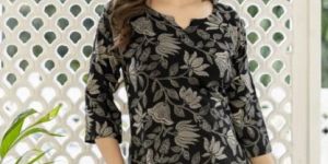 Black Floral Printed Cotton Kurti Top