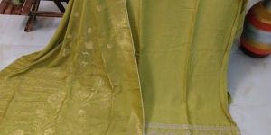 Pure Silk Zari Embroidered Unstitched Suit with Scalping On Panel Woven Dupatta