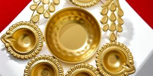 Peacock Design Gold Plated Multipurpose Diya Stand Set