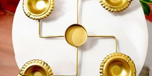 Swastik Design Gold-Plated Multipurpose Diya Stand Set