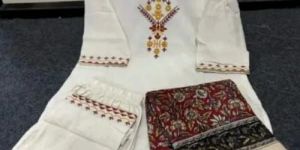 White V Neck Khadi Print Dupatta Suit Set