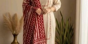 Women Cotton Blend Straight Emboidered Suit Set