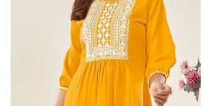 Yellow Embroidered Round Neck Mini Dress