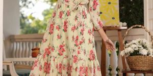 Yellow Floral Printed Fit and Flare Midi Dress
