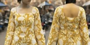 Yellow Floral Printed Full Sleeves Short Kurti