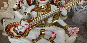 White and Golden Marble Saraswati Mata Statue