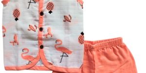Muslin White Cotton Printed Baby Co-ord Set (Sleeveless Button Jabla & Shorts)