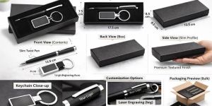 SR 241 - Premium Slim Metal Pen & Rectangular Keychain Gift Set (Black & Silver Edition)
