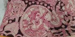 Traditional Maroon Kalamkari Kaddi Border Saree with Krishna Print Design
