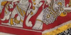 Traditional Red Kalamkari Saree with Mythological Design & Golden Kaddi Border