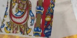 Vibrant Multicolor Temple Theme Kalamkari Kaddi Border Saree