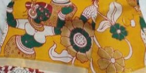 Yellow Kalamkari Saree with Dancing Lady Print & Red Kaddi Border