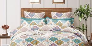 Tile Floral Multicolor Double Bed Cotton Bedsheet Set