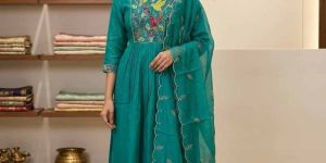 Handwork Mul Chanderi Anarkali Kurta Pant Set