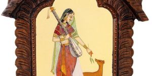 Lady Playing Sitar Painting Wid Deer Ethnic Wooden Jharokha