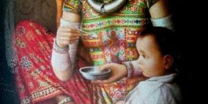 Rajasthani Lady Feeding the Child Oil Painting