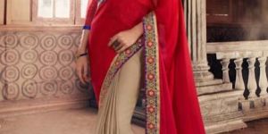 Red  Beige Georgete Embroidered Half N Half Saree