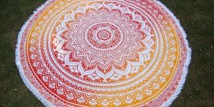 Yellow Ombre Print Indian Mandala Round Tapestry Beach Throw Towel