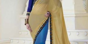 Beige & Blue Embroidered Saree