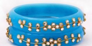 Sky Blue Bangles with Kundan Floral Pattern