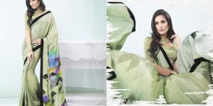 Dark Sea Green Printed Crepe Silk Saree