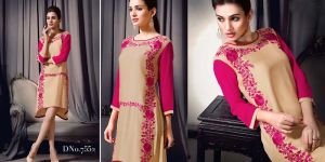 Radhikafibers Cream and Pink Color Viscose Rayon Designer Kurti