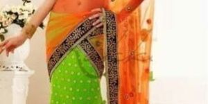 Stylish georgette designer saree with Orange and green color - 9175