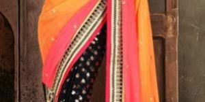 Stylish georgette designer saree with Orange and black color - 9273
