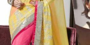 Stylish georgette designer saree with Pink and yellow color - 9293